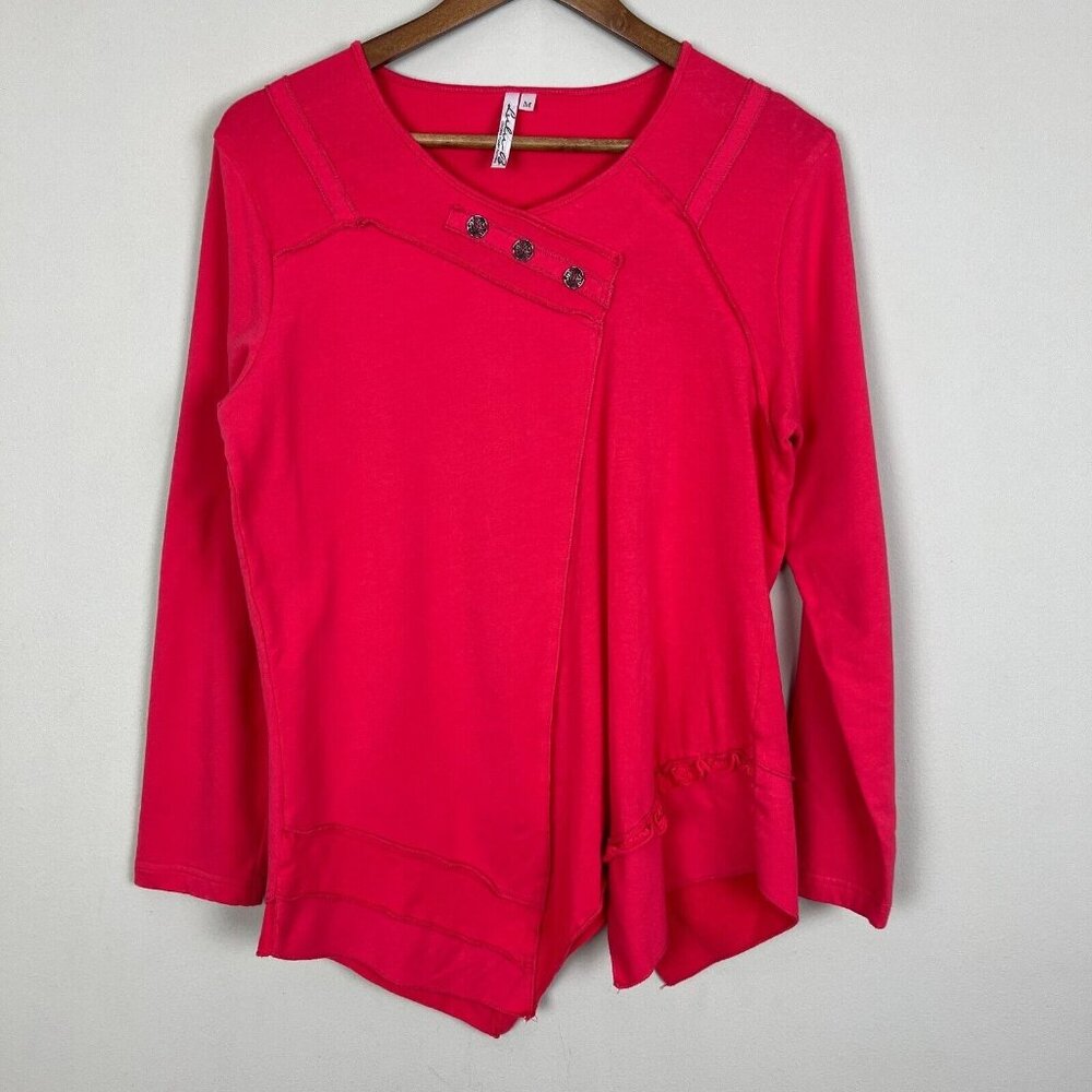 Lulu-B Top Women Medium Coral Pink Long Sleeve Asymmetrical Hem Buttons Cotton M